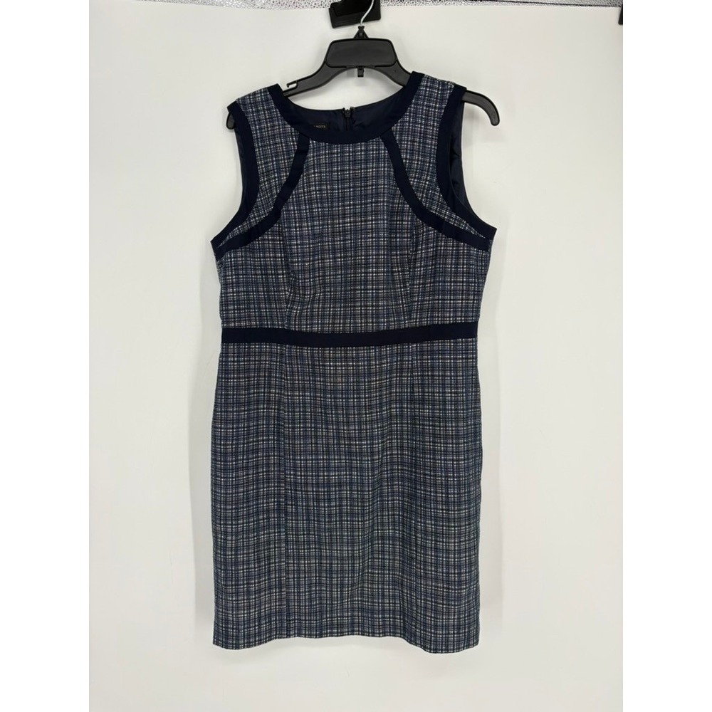 Talbots Sheath Dress Women 14P Navy Blue White Tweed Sleeveless Cotton Blend‎